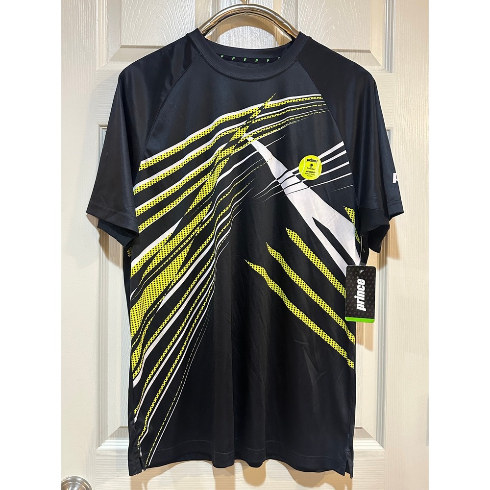 Prince‎ Mens Tennis Shirt Large Black Lime Green Graphic Dri-Control UV New